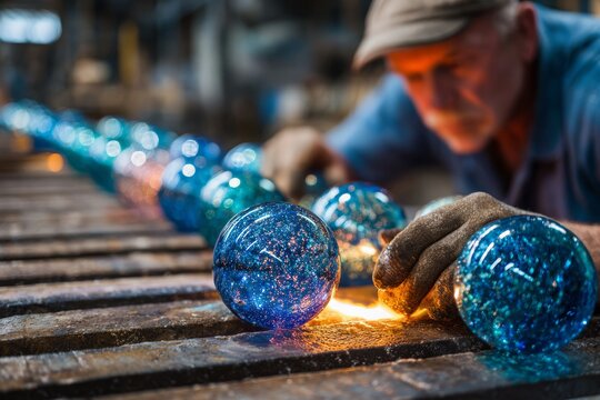 A skilled craftsman carefully shapes a collection of vibrant, luminous glass spheres, the molten material glowing brightly, showcasing his artistic expertise in a hot workshop.