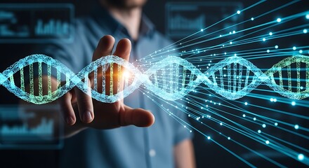 A person interacts with a holographic dna strand, representing genetic research, technological advancement, and the exploration of human biology and scientific innovation