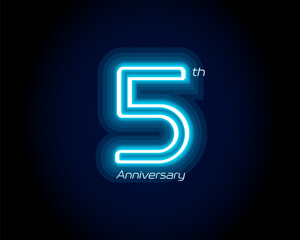 Blue neon number fifth years, 5th anniversary logo on black background. Shiny luminous jubilee sign for celebration emblem of cyber event party, digital startup, gambling icon. Vector illustration.