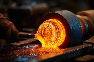 Close-up of glowing molten glass being shaped by a craftsman, emphasizing the heat and detail of the glassblowing process, creating a mesmerizing visual effect.