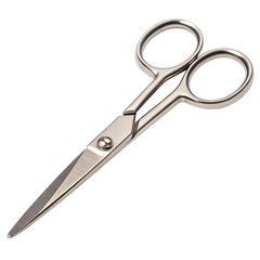 Closeup of shiny metal nail scissors isolated on transparent background for trimming nails and cuticles with sharp blades