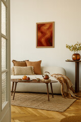 Naklejka na ściany i meble Cozy living room with neutral walls, wooden furniture and soft autumn tones. Warm light and natural materials create a calm, minimalist atmosphere.