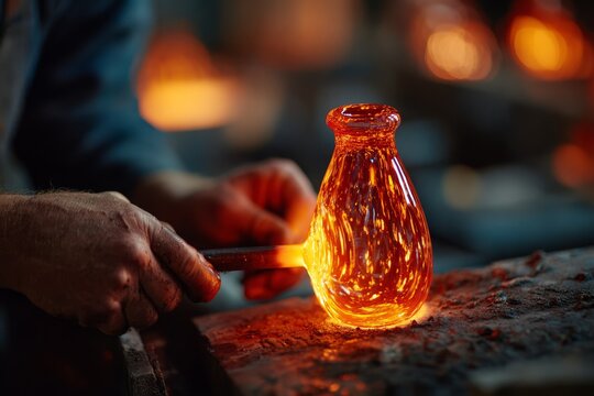 Close-up of artisan crafting a glass vase with molten glass, skillfully shaping it with tools, creating a beautiful piece of art with bright red and orange hues.