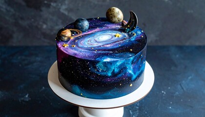 Stunning Galaxy Mirror Glaze Cake with Edible Planets and Stars.