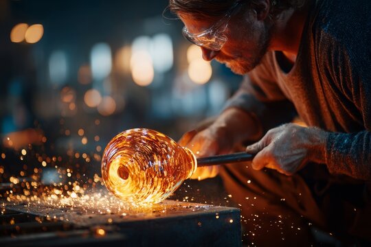 Concentrated glassblower shaping molten glass with precision, sparks flying creating a warm glow in the workshop highlighting craftsmanship and skilled artistry