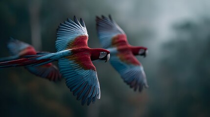 Three vibrant aws in flight against a misty jungle background capturing a moment of wild freedom