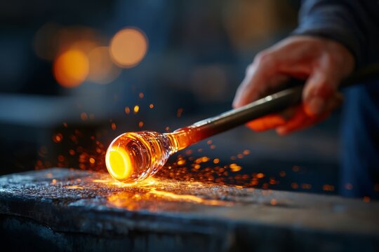 Close-up of a glassblower shaping molten glass with a tool, sparks flying, creating a unique art piece in a workshop with soft, glowing light and abstract patterns.