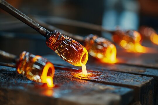 Molten glass art: Close-up view of a glassblower shaping hot glass on a metal surface, showcasing the intricate details and vibrant colors of the process.