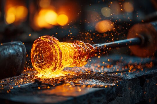 Close-up of molten glass being shaped in a glassblowing workshop with orange bokeh, a skilled artisan carefully manipulates the glowing glass, creating a unique piece of art. - Powered by Adobe