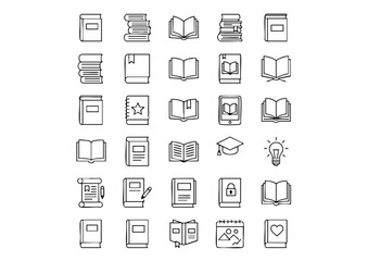 Library Essentials: Vector Line Art Icons of Books and Reading, Diverse Book Styles: Minimalist Black & White Outline Icons Collection, Educational Graphics: Vector Icons for Literature, Learnin
