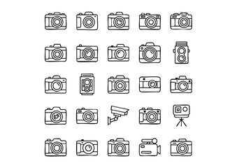 Photography Equipment Icons: Vector Line Art Cameras & Devices, Diverse Camera Graphics: Minimalist Black & White Outline Icon Set, Visual Media Tools: Vector Icons for Photography and Videograp