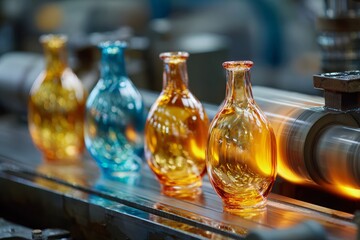 Close-up of colorful glass vases being manufactured, showcasing traditional glassblowing artistry with smooth glass texture on a factory assembly line conveyor belt.