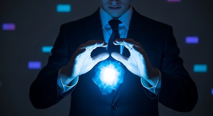 Man in suit holding glowing energy sphere futuristic digital technology concept
