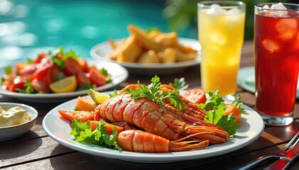 A table laden with chilled seafood, glistening salads, and icy drinks, ready for a refreshing summer meal Perfect for illustrating the concept of 'dining cold' , healthy, salad