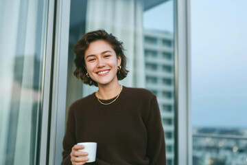 Smiling woman holding coffee cup on balcony in morning light, modern lifestyle and cozy home moment