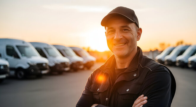 Reliable Delivery Services Professional Fleet Manager Delivering Excellence in Transportation Solutions A Smiling Driver Ensures Safe Efficient Logistics and Express Shipping