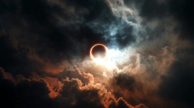 Solar eclipse surrounded by dark clouds, dramatic celestial phenomenon with glowing ring light.