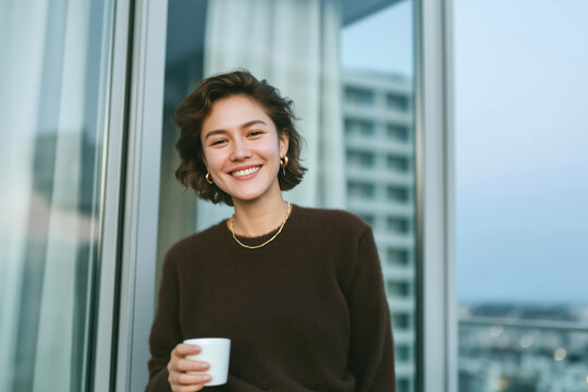 Smiling woman holding coffee cup on balcony in morning light, modern lifestyle and cozy home moment - Powered by Adobe