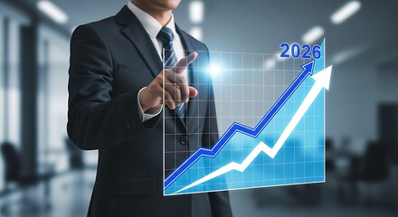 A businessman touches a digital projection showing a rising graph with the year 2026, representing business growth, financial success, and future economic projections in a modern office