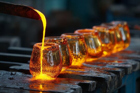 Close up pouring of molten glass in forms row, traditional glass production process with liquid orange color in a manufacturing environment, glass factory craft