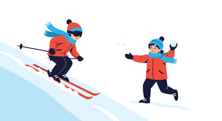 Obraz premium Two children enjoying winter outdoor activities on a snowy slope.