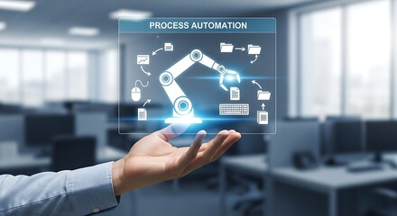 Obraz premium Process automation to improve efficiency concept businessman touching virtual screen with process automation robot arm icon rpa, artificial intelligence, workflow, optimization
