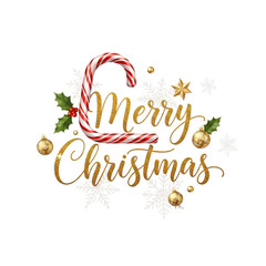 Fototapeta premium Festive Golden Merry Christmas with Candy Cane and Holiday Elements on transparent background
