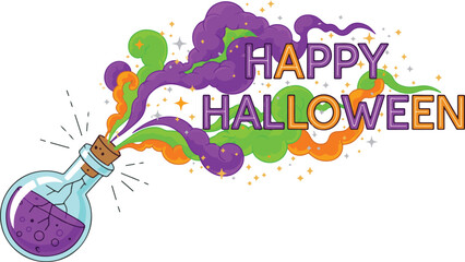 Happy Halloween greeting card with a potion bottle colorful smoke and stars illustration for holiday design