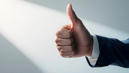 Confident Thumbs Up Hand Gesture from Professional Businessman in Navy Suit Sleeve with Soft Backlight