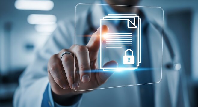 A doctors finger touching a digital document icon with a lock, representing data security, privacy, and compliance in healthcare, ensuring patient information is protected