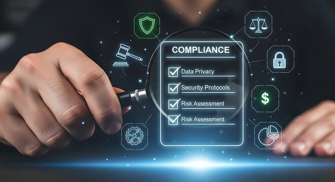 A person is holding a magnifying glass over a digital display showing a compliance checklist with data privacy, security protocol, risk assessment, and governance, emphasizing regulatory adherence