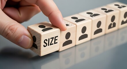 Hand adjusting wooden blocks with people icons and size word demonstrating team size and planning