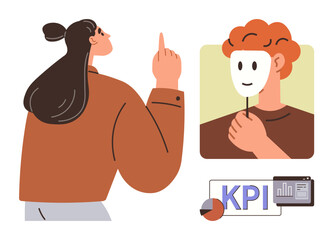 Obraz premium Woman gesturing with focus, man holding smiling mask symbolizing identity, KPI metrics with pie chart and report graphics. Ideal for teamwork, analysis, identity, leadership, goal setting