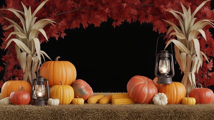 Halloween harvest display with pumpkins, corn and lanterns on hay.