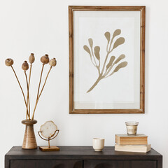 Interior design of ethnic style living room with mock up poster frame, modern commode, round...
