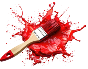 A paintbrush dipped in vibrant red paint, creating a splash