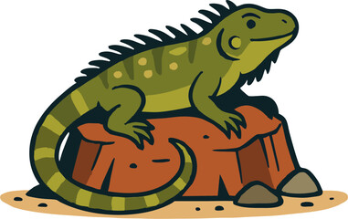 Cartoon Iguana Vector Illustration on Rock – Cute Green Reptile with Striped Tail and Desert Background
