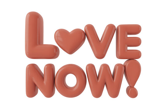 Sculpted word "love" with a heart detail, accompanied by "now!" in a playful, 3D design.