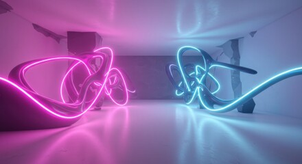 Dynamic neon sculptures bathed in vibrant pink and blue light create a modern and captivating atmosphere perfect for technology or design projects