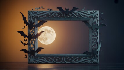 Halloween Picture Frame with Bats and Full Moon image.