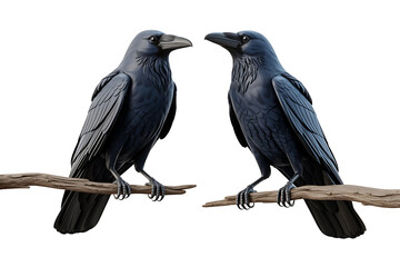 Fototapeta premium Two black crows perched on a branch, facing each other, conveying a sense of mystery and observation.
