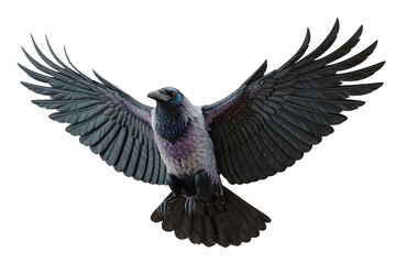 Obraz premium A dark bird with outstretched wings soars, showcasing feathers in shades of black and grey.
