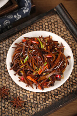 Asian Pickled Vegetable Noodles with Peppers - Traditional Dinner Dish on Bamboo Placemat