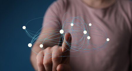 Abstract image of a hand interacting with a digital network. Ideal for technology, connection, and global concepts.