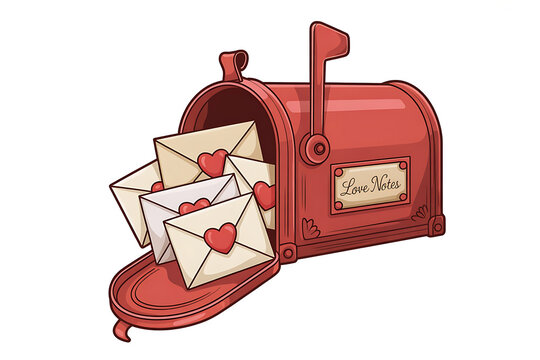 Red mailbox overflows with heartfelt letters and envelopes, symbolizing romance and affectionate correspondence.