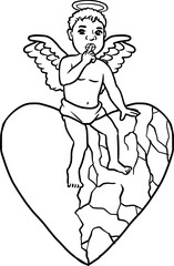 Cupid Cherub with Finger to Lips Sitting on a Cracked Broken Heart – Line Art Valentine's Day Concept