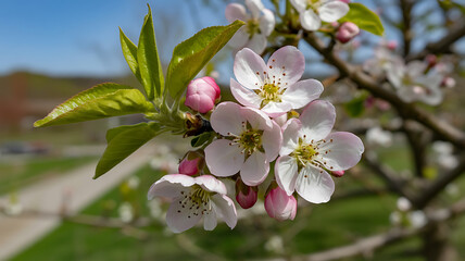 Delicate white and pink blossoms bloom on branches, hinting at springtime�s gentle arrival.