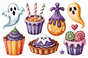 Festive Halloween treats and spooky ghosts delight with colorful sweets and playful decorations.
