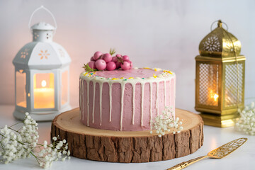 Elegant cake adorned with pink frosting, flowers, and lanterns, evoking a festive celebration.
