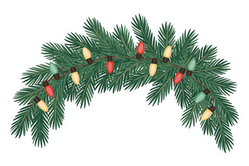 Festive evergreen garland adorned with colorful lights, evoking a warm holiday season atmosphere.